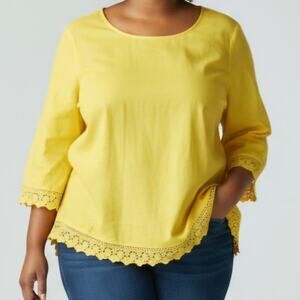 Soft Surroundings Rialto Gauze Crochet Lace Top Yellow 3/4 Sleeves Plus Size 2X